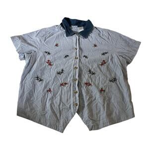 Vtg Y2K 2000s Blue Pinstripe Floral Embroidered Cottagecore Top Plus Sz 18W